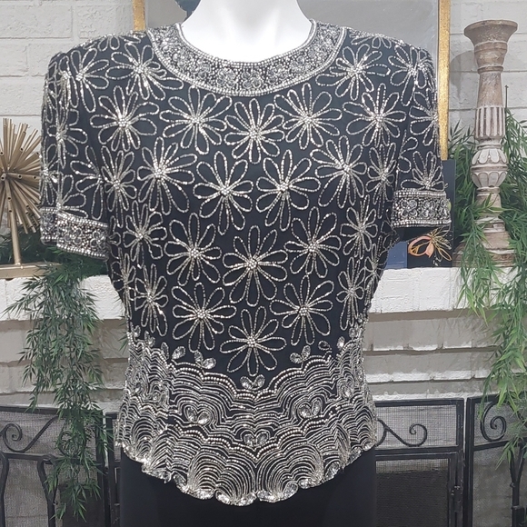 Vintage Laurence Kazar Black Sequin Silk Beaded Blouse Women's Sz L Evening Top - Picture 11 of 12